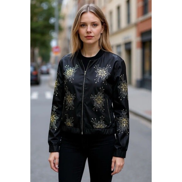 Endless Rose Satin Beaded Bomber Jacket Sz L Celestial Fairy Grunge Festival - Picture 1 of 13